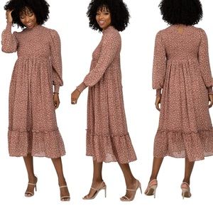 In Loom Size L Maternity Floral Midi Dress Floral Ruffle Long Sleeve Boho Ruched